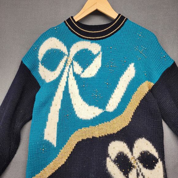 Vintage Womens Sweater Large Dana Scott Black Teal Holiday Embellished Tunic 90s - Picture 7 of 15